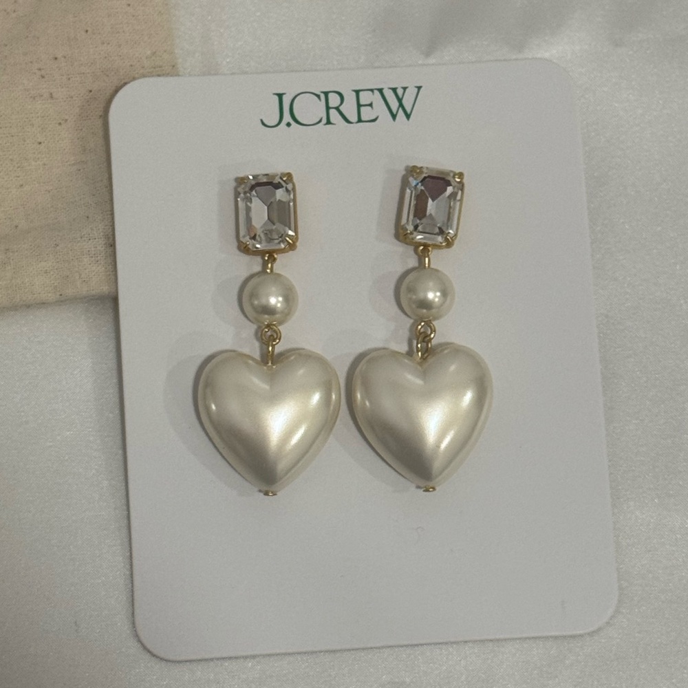 J. Crew Crystal-and-Pearl Heart Drop Earrings - Picture 2 of 13
